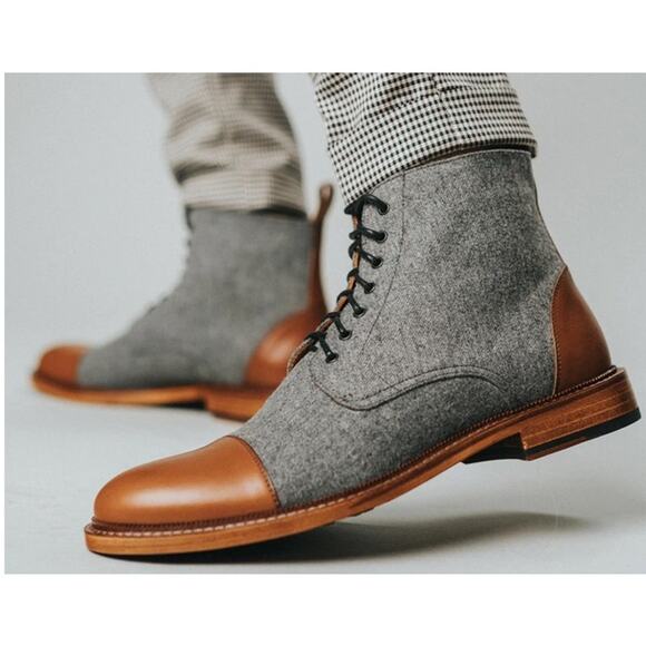 TAFT "The Jack" Boot Gray Wool and Brown Leather Size 11 US 44 UK Ankle Boots - Picture 1 of 12